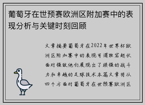 葡萄牙在世预赛欧洲区附加赛中的表现分析与关键时刻回顾